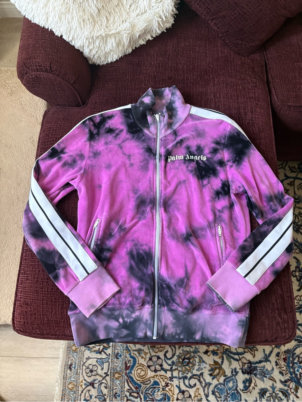 Mens Palm Angels black and purple fuzzy jacket size Large in great condition